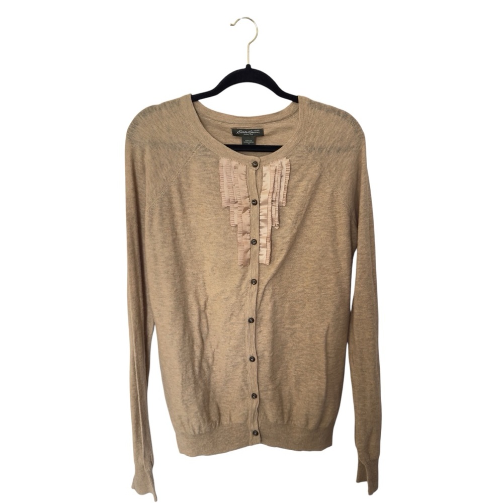 Eddie Bauer XL Button Front Ruffle Tan‎ Classic Cottagecore Casual Cardigan